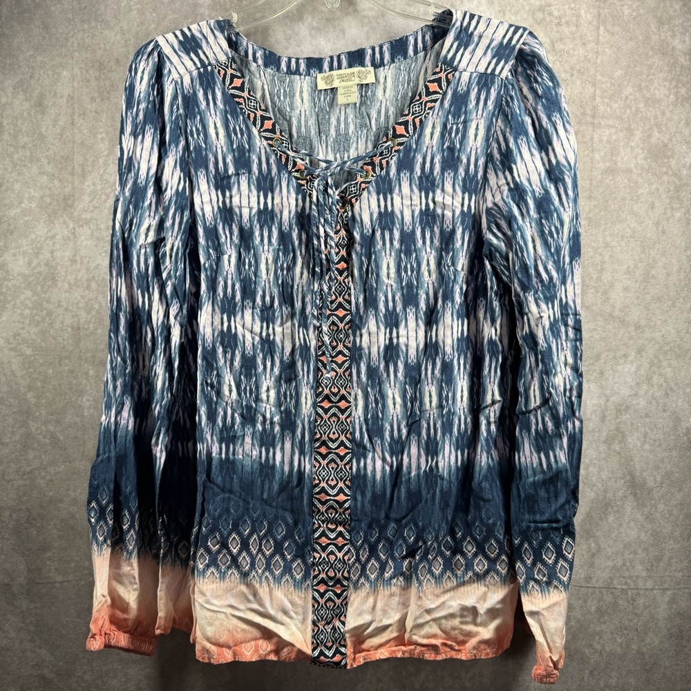 Vintage America Women’s Large Blue‎ Geometric Pattern Boho Blouse Long Sleeve